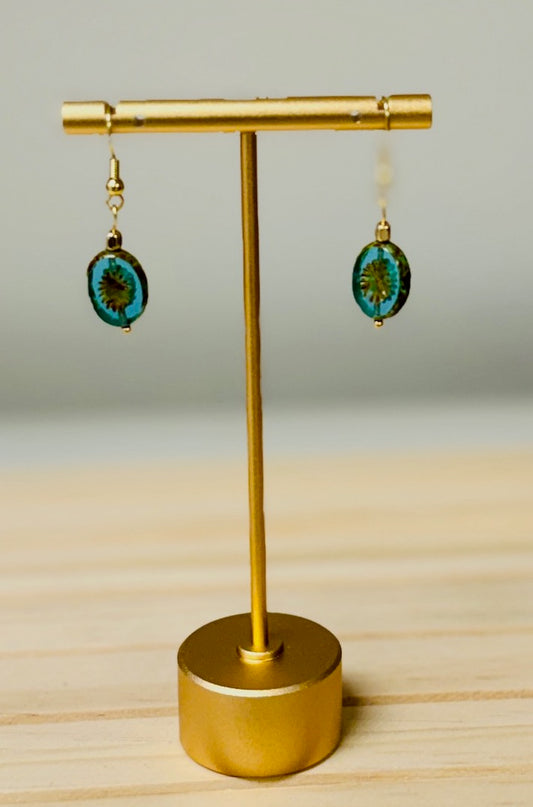 Translucent Aquamarine Star Etched Czech Glass Coin Dangle Earrings