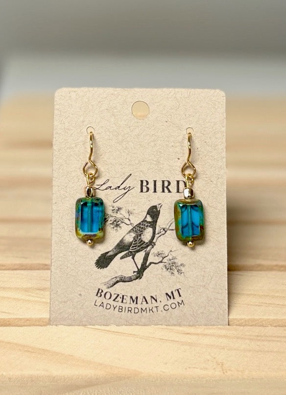 Capri Blue Waters Czech Glass Rectangle Dangle Earrings in Silver or Gold