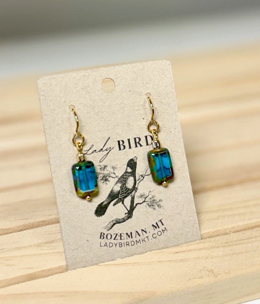 Capri Blue Waters Czech Glass Rectangle Dangle Earrings in Silver or Gold