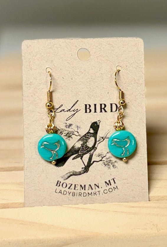 Turquoise Blue & Gold Etched Czech Glass Bird Dangle Earrings