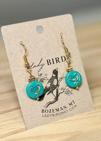Turquoise Blue & Gold Etched Czech Glass Bird Dangle Earrings