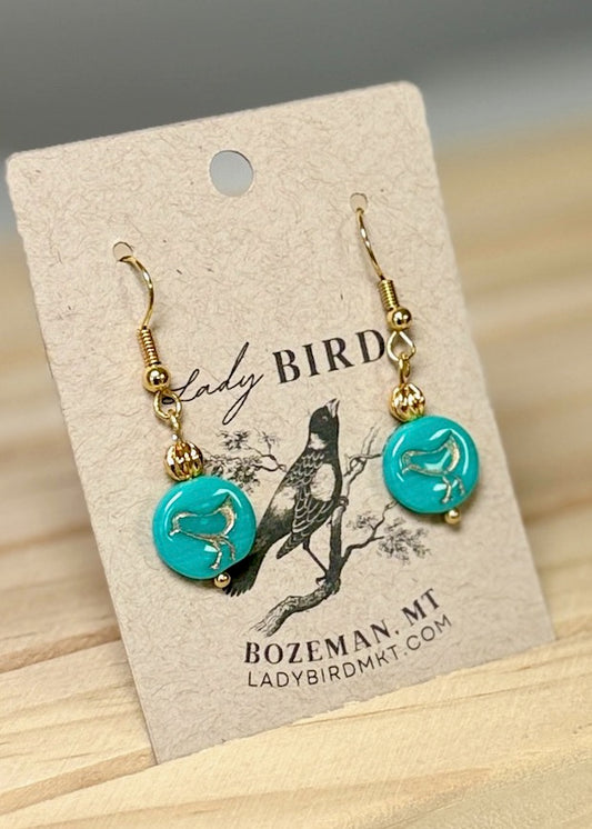 Turquoise Blue & Gold Etched Czech Glass Bird Dangle Earrings