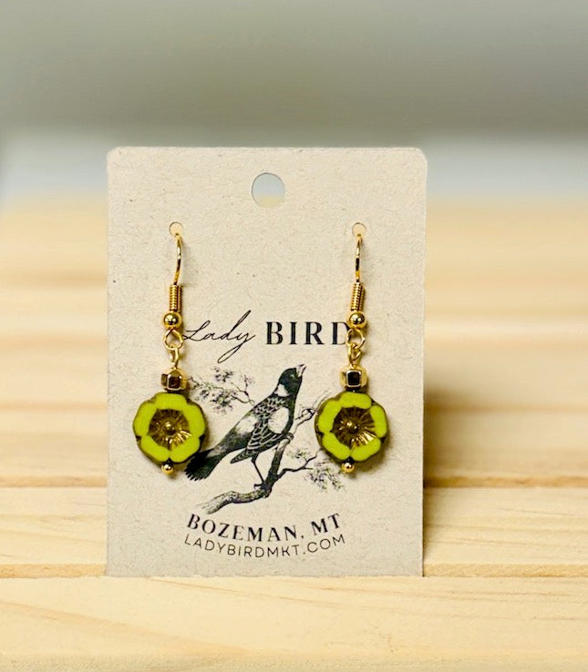 Chartreuse Bronzed Etched Czech Glass Flower Dangle Earrings