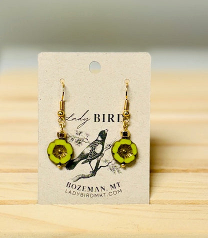 Chartreuse Bronzed Etched Czech Glass Flower Dangle Earrings