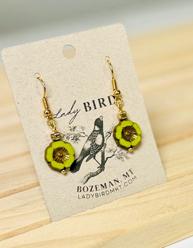 Chartreuse Bronzed Etched Czech Glass Flower Dangle Earrings