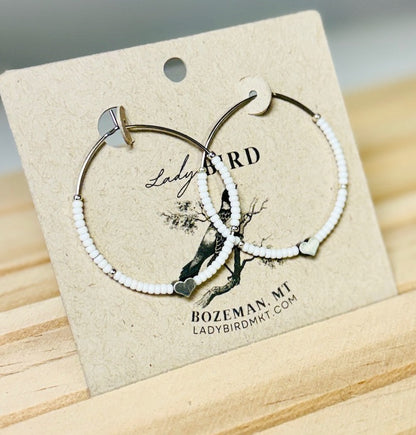 Full-Hearted Creamy White Boho Style Seed Bead Hoop Earrings