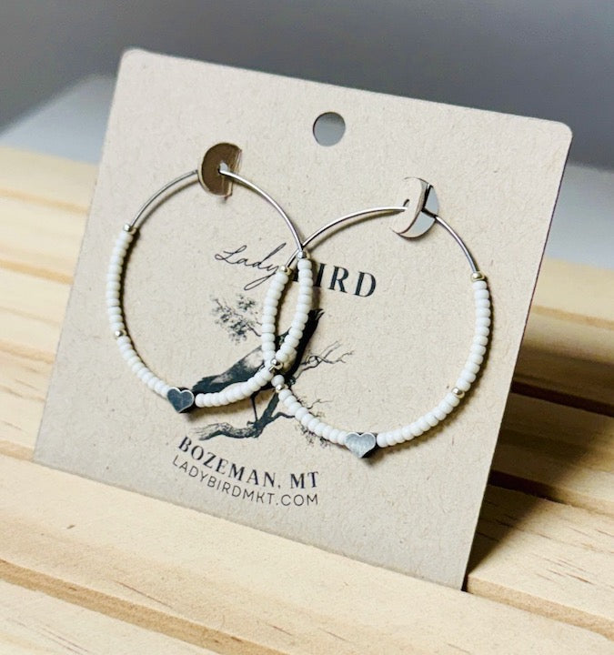 Full-Hearted Creamy White Boho Style Seed Bead Hoop Earrings