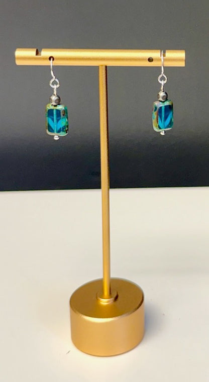 Capri Blue Waters Czech Glass Rectangle Dangle Earrings in Silver or Gold