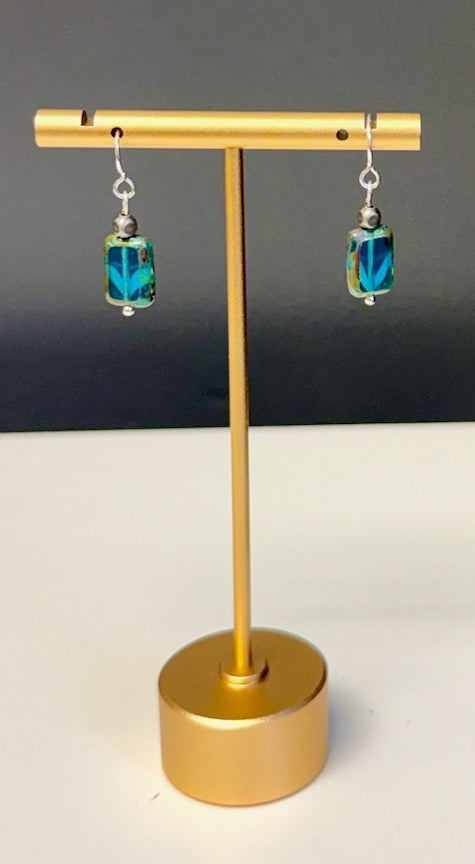 Capri Blue Waters Czech Glass Rectangle Dangle Earrings in Silver or Gold
