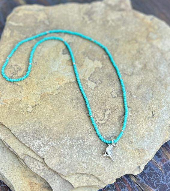 Turquoise & Silver or Gold Bird Stretchy Seed Bead Pendant Necklace