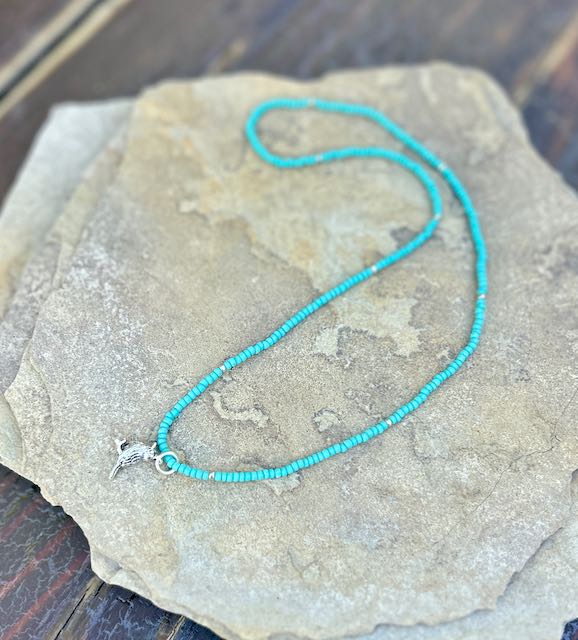 Turquoise & Silver or Gold Bird Stretchy Seed Bead Pendant Necklace