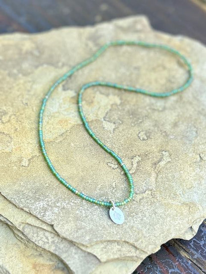 Green Rainbow & Silver Etched Tree Stretchy Seed Bead Pendant Necklace