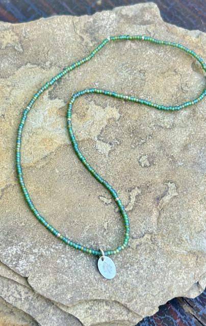 Green Rainbow & Silver Etched Tree Stretchy Seed Bead Pendant Necklace