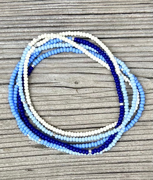 Blue & White Color Vibes Silver-Sprinkle Beaded 5-Wrap Boho Bracelet