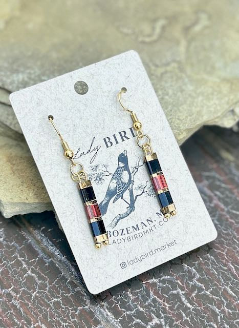 Jet Black, Gold & Shiny Red Tila Bead Earrings