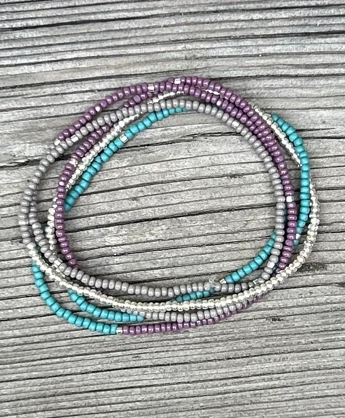 Purple, Green, Silver Color Vibes Beaded 5-Wrap Boho Bracelet