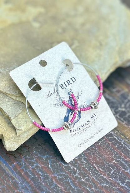 Wild Orchid Pink & Silver Pendant Beaded Hoop Earrings