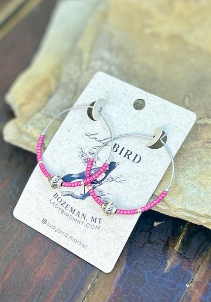 Wild Orchid Pink & Silver Pendant Beaded Hoop Earrings