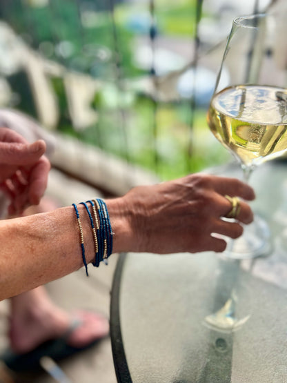 Navy Blue & Silver or Gold-Striped Beaded 5-Wrap Bracelet