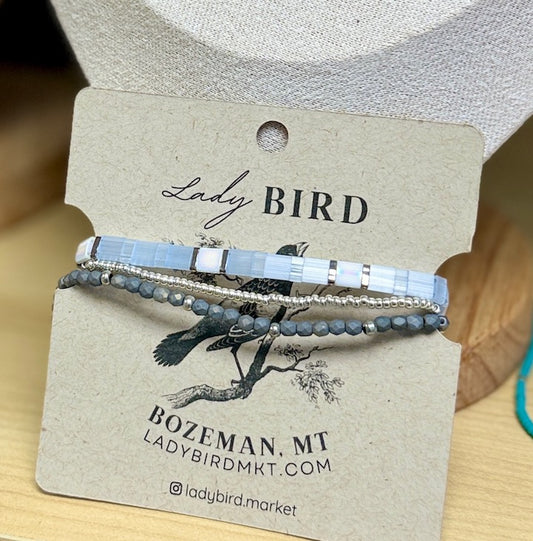 Icy Blue & Steel Grey Gold or Silver Stretchy Tila Bead Bracelet Stack