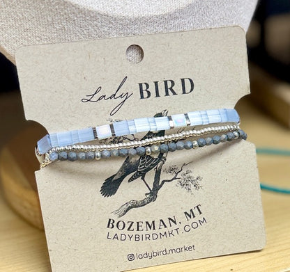 Icy Blue & Steel Grey Gold or Silver Stretchy Tila Bead Bracelet Stack