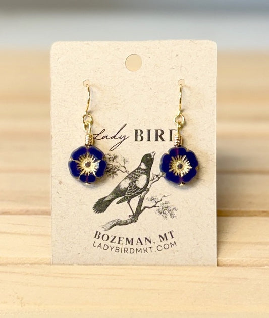 Deep Purple Gold Etched Czech Glass Flower Dangle Earrings
