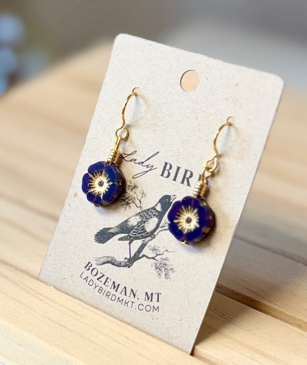 Deep Purple Gold Etched Czech Glass Flower Dangle Earrings