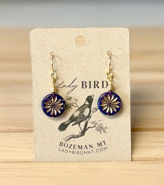 Deep Purple & Gold Daisy Etched Czech Glass Flower Dangle Earrings
