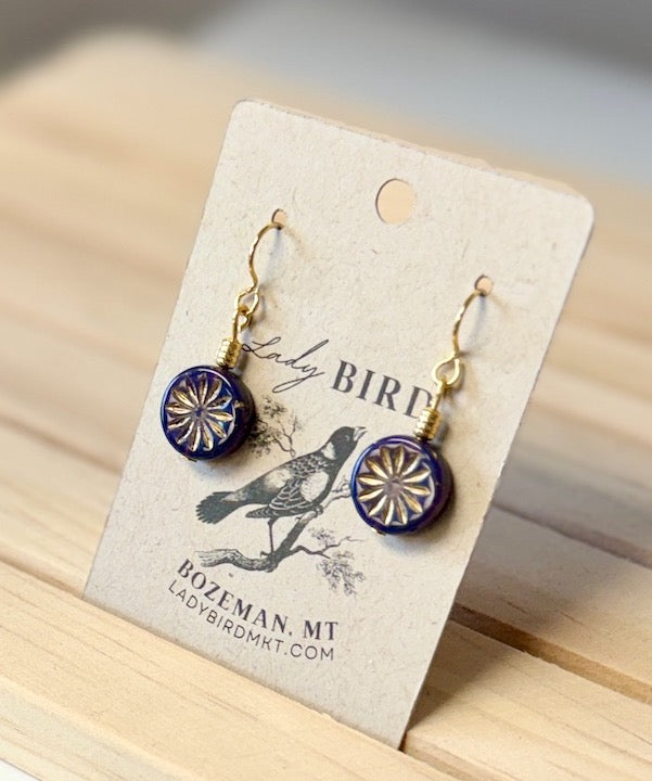 Deep Purple & Gold Daisy Etched Czech Glass Flower Dangle Earrings
