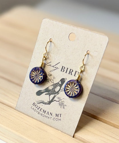 Deep Purple & Gold Daisy Etched Czech Glass Flower Dangle Earrings