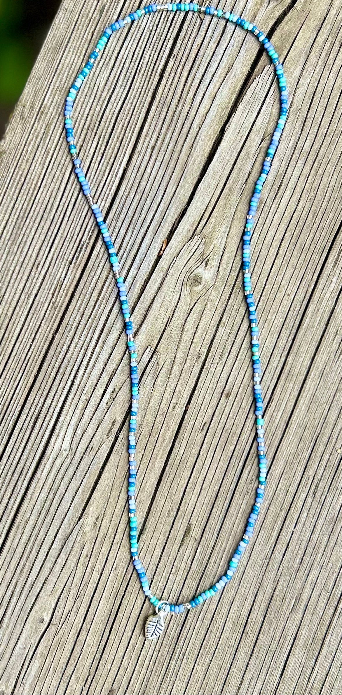 Mixed Blue Color Vibes Seed Bead Necklace with Silver Leaf