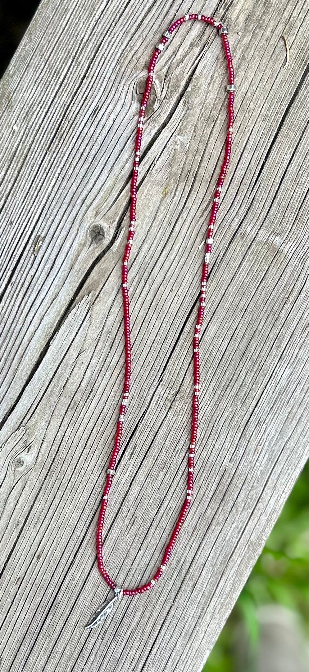 Magenta & Silver Seed Bead Necklace with Silver Feather