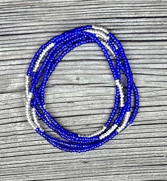 Shimmery Blue Silver-Striped Beaded 5-Wrap Bracelet