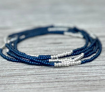 Navy Blue Silver or Gold Striped Stretchy Seed Bead Wrap Bracelet Stack/Necklace