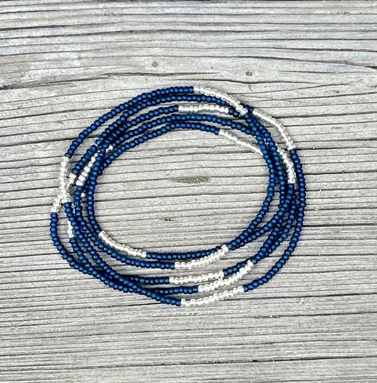 Navy Blue Silver-Striped Beaded 5-Wrap Bracelet