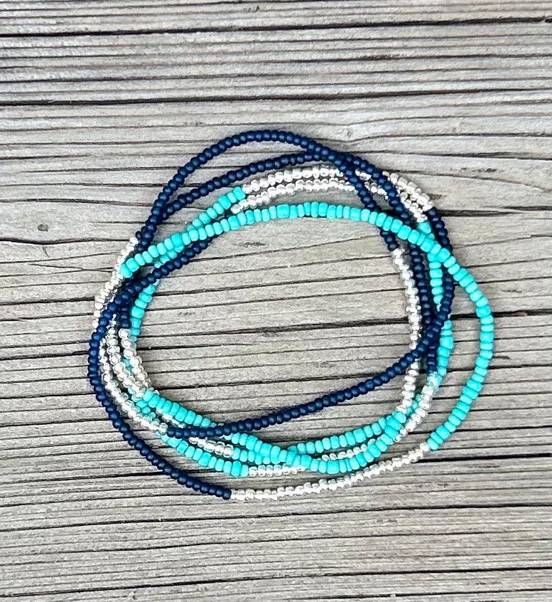 Turquoise & Navy Color Vibes Silver Lined Beaded 5-Wrap Boho Bracelet
