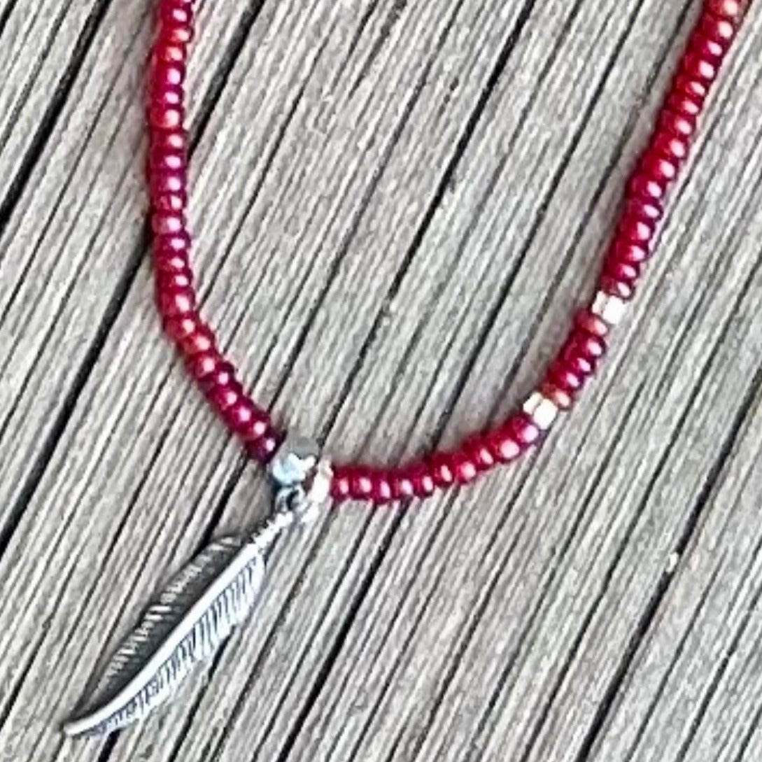 Magenta & Silver Seed Bead Necklace with Silver Feather