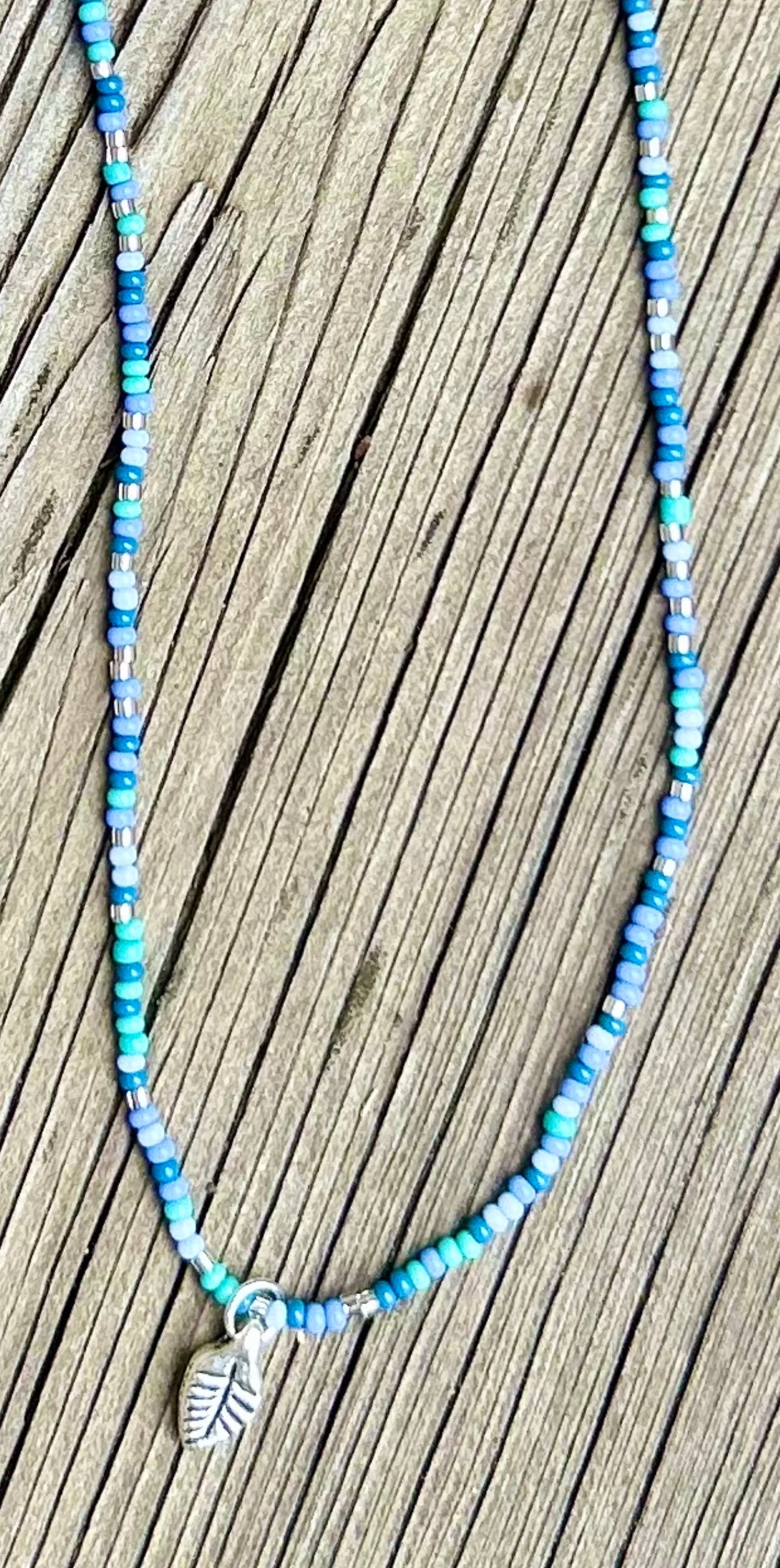 Mixed Blue Color Vibes Seed Bead Necklace with Silver Leaf