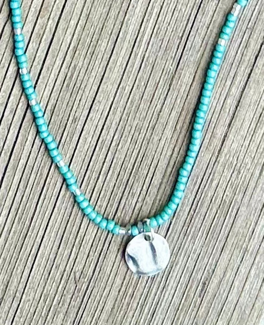Sage Green Boho Seed Bead Necklace with Silver Circle Pendant