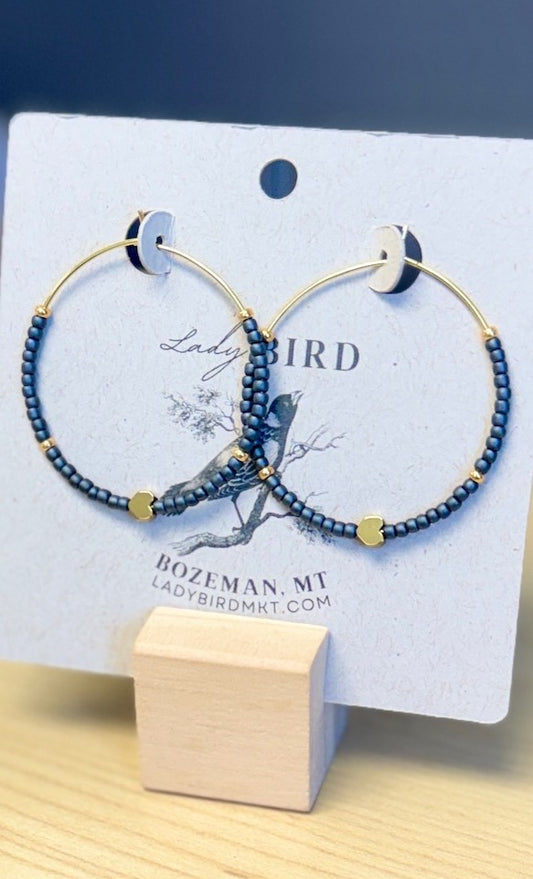 Full-Hearted Steel Grey Boho Style Seed Bead Hoop Earrings