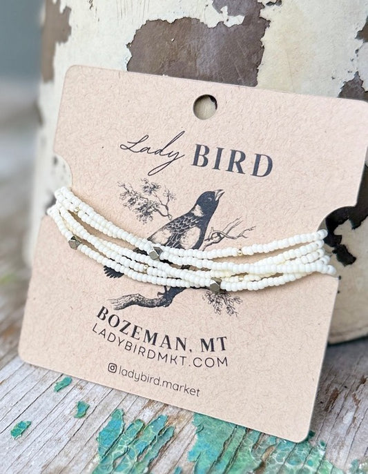 Creamy White Seed Bead Wrap Bracelet Stack or Necklace with Rustic Gold or Silver