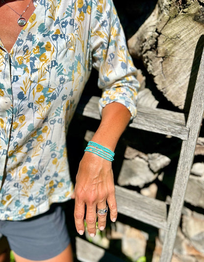 Turquoise Silver-Striped Beaded 5-Wrap Bracelet