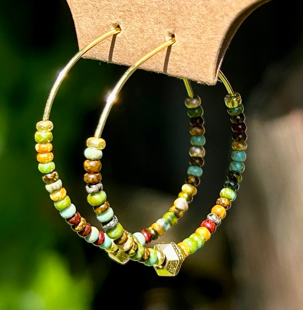 Earthy Greens & Gold Beaded Hoop Earrings