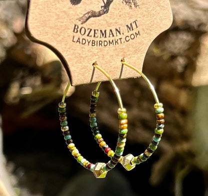 Earthy Greens & Gold Beaded Hoop Earrings