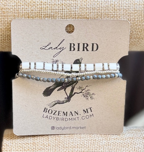 Classic White Tila Bead Bracelet Stack with Beaded Silver or Gold Accents