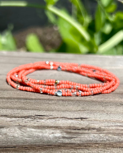 Coral Pink Silver-Sprinkle Beaded 5-Wrap Boho Bracelet