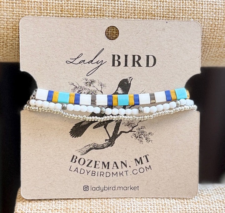 Coastal Mosaic Stretchy Tila Bracelet Set with White in Gold or Silver
