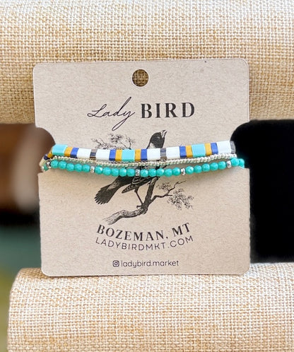Coastal Mosaic Stretchy Tila Bracelet Set with Turquoise in Gold or Silver