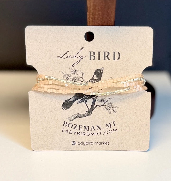 Crystal Cut Light Peach Seed Bead 5-Wrap Bracelet Stack or Necklace in Gold or Silver Stripes