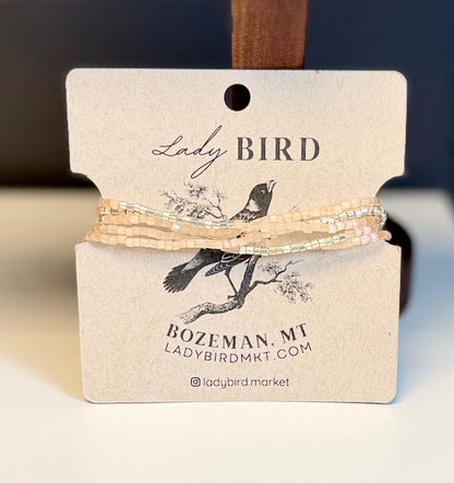 Crystal Cut Light Peach Seed Bead 5-Wrap Bracelet Stack or Necklace in Gold or Silver Stripes